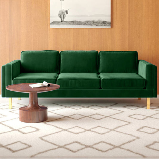Nebula Green Velvet 3-Seater Sofa with Square Arms - Luxury Living Room Seating, L220cm x W86cm x H81cm - Cotton Home