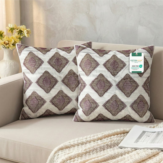 Embroidered Cotton Decorative Throw Pillows Pack of 2 - 45x45 cm Brown Rhombus