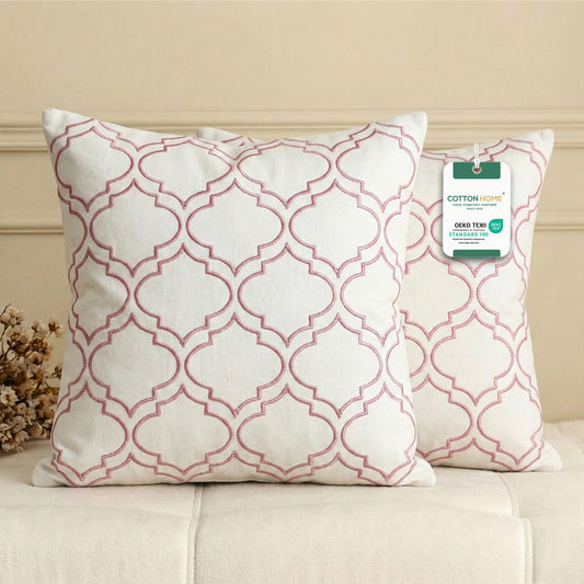 Embroidered Cotton Decorative Throw Pillows Pack of 2 - 45x45 cm Purple Quatrefoil