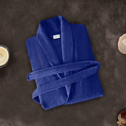 Premium Cotton Blue Terry Bathrobe with Pockets Suitable for Men and Women, Soft & Warm Terry Home Bathrobe, Sleepwear Loungewear, One Size Fits All - Cotton Home