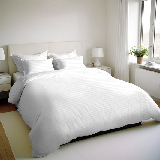 Premium High Quality Cotton 250TC Queen Stripe 6 Piece Duvet Cover Set 220x240cm White - Cotton Home