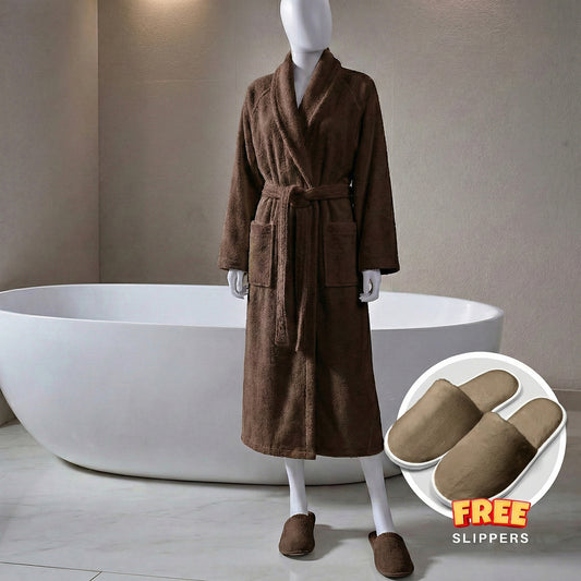 Premium Cotton Brown Terry Bathrobe with Pockets, One Size Fits All with Free Bath Slippers