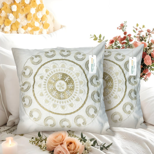 Embroidered Cushion - 100% Cotton Canvas, 45x45cm | Ivory Floral Pattern | Set of 2 | Cotton Home - Cotton Home
