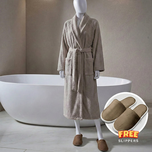 Premium Cotton Taupe Terry Bathrobe with Pockets, One Size Fits All with Free Bath Slippers