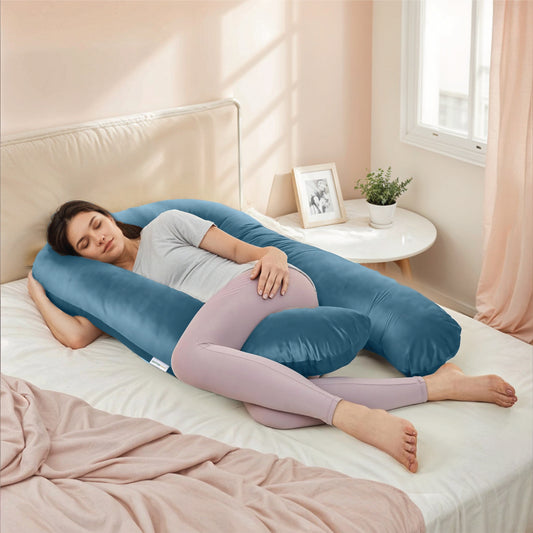 Serenity Velvet Pregnancy Pillow U-Shape Full Body Pillow With Removable Cover Teal - Cotton Home