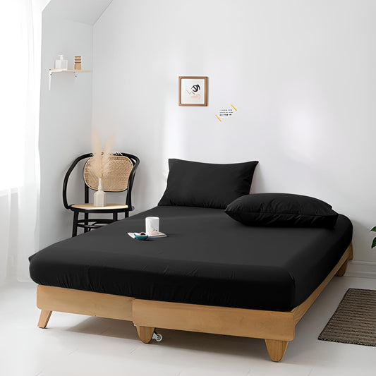 High Quality Black Cotton Jersey Twin 3 Piece Fitted Sheet Set 160x200+30cm with Deep Pockets and 2 Pillow Case - Cotton Home
