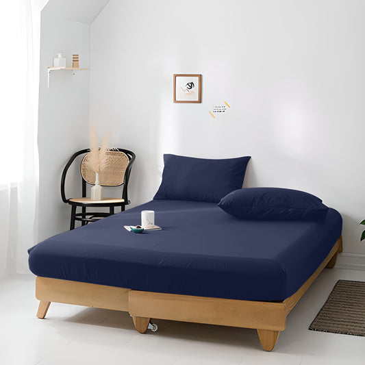 High Quality Navy Blue Cotton Jersey Queen 3 Piece Fitted Sheet Set 180x200+30cm with Deep Pockets and 2 Pillow Case - Cotton Home