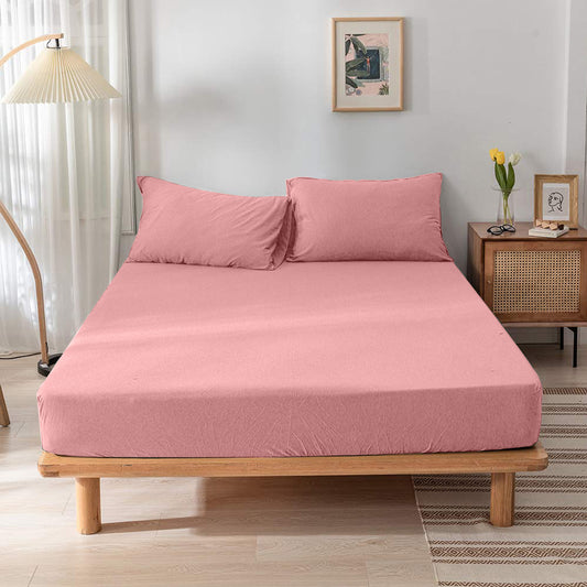 High Quality Pink Cotton Jersey King 3 Piece Fitted Sheet Set 200x200+30cm with Deep Pockets and 2 Pillow Case - Cotton Home