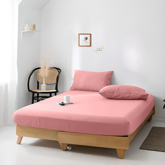 High Quality Pink Cotton Jersey Double 3 Piece Fitted Sheet Set 120x200+30cm with Deep Pockets and 2 Pillow Case - Cotton Home