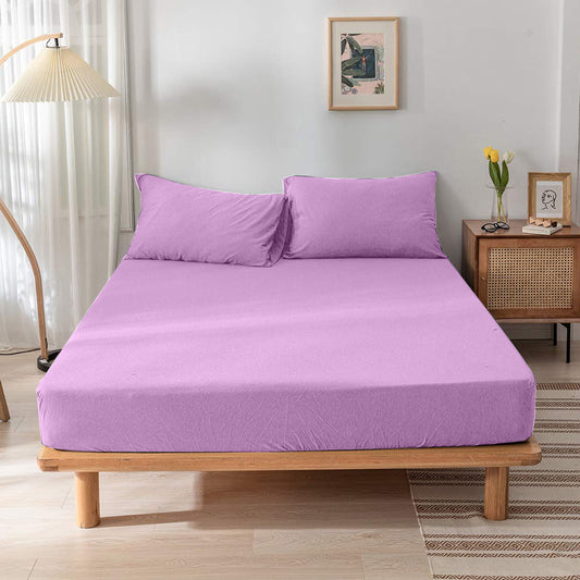 High Quality Purple Cotton Jersey Queen 3 Piece Fitted Sheet Set 180x200+30cm with Deep Pockets and 2 Pillow Case - Cotton Home