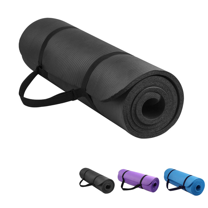 Yoga Mat with Strap – 10mm Thick for Ultimate Comfort Non-Slip Black