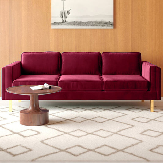Nebula Maroon Velvet 3-Seater Sofa with Square Arms - Luxury Living Room Seating, L220cm x W86cm x H81cm - Cotton Home