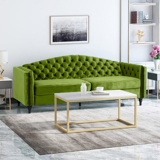 Nova 3-Seater Velvet Sofa with Square Arms – L220cm x W60cm x H85cm, Green Comfortable & Stylish Sofa for Living Room - Cotton Home