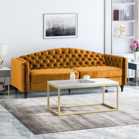 Nova 3-Seater Velvet Sofa with Square Arms – L220cm x W60cm x H85cm, Gold Comfortable & Stylish Sofa for Living Room - Cotton Home