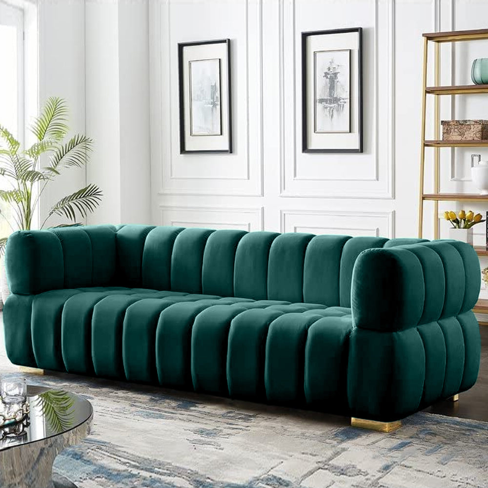 Gwen 3 Seater Sofa - Luxurious Emerald Green Velvet Upholstery - Spacious L231cm x W89cm x H75cm - Cotton Home
