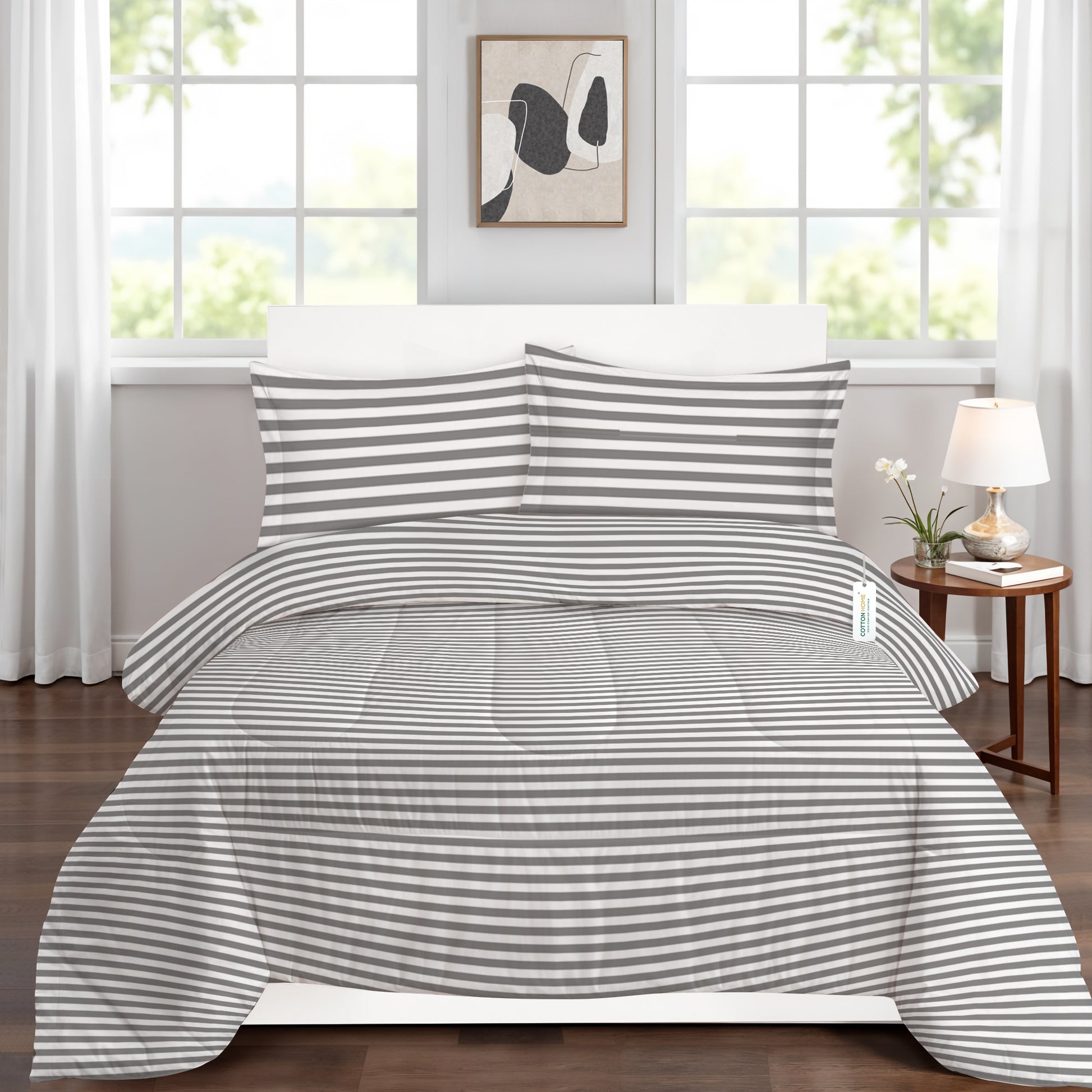 Premium Cotton 4PC Bedding Set Kids Comforter Set 160x220cm Grey Stripe