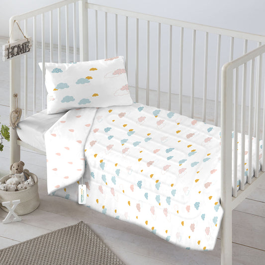 3Piece Baby Crib Comforter Set 90x120 Cotton Comforter, Filled Pillow & Pillow Cover – Pastel Clouds
