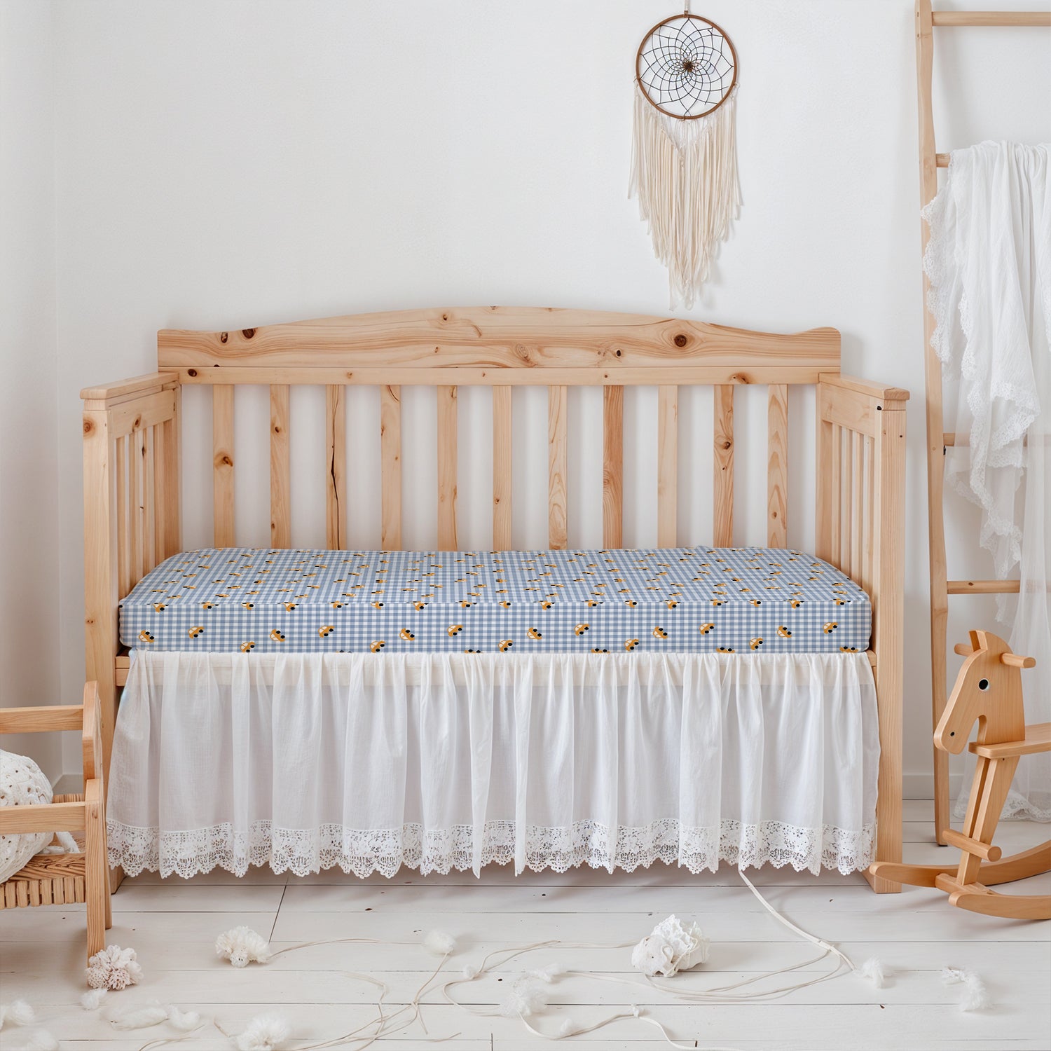 Premium Cotton 3-Piece Baby Crib Bedding Set (120x60 cm) Fitted Baby Mattress Sheets and Protector Little Cars