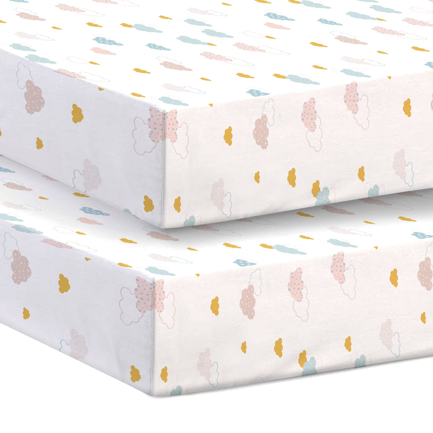 Premium Cotton 3-Piece Baby Crib Bedding Set (120x60 cm) Fitted Baby Mattress Sheets and Protector Pastel Clouds