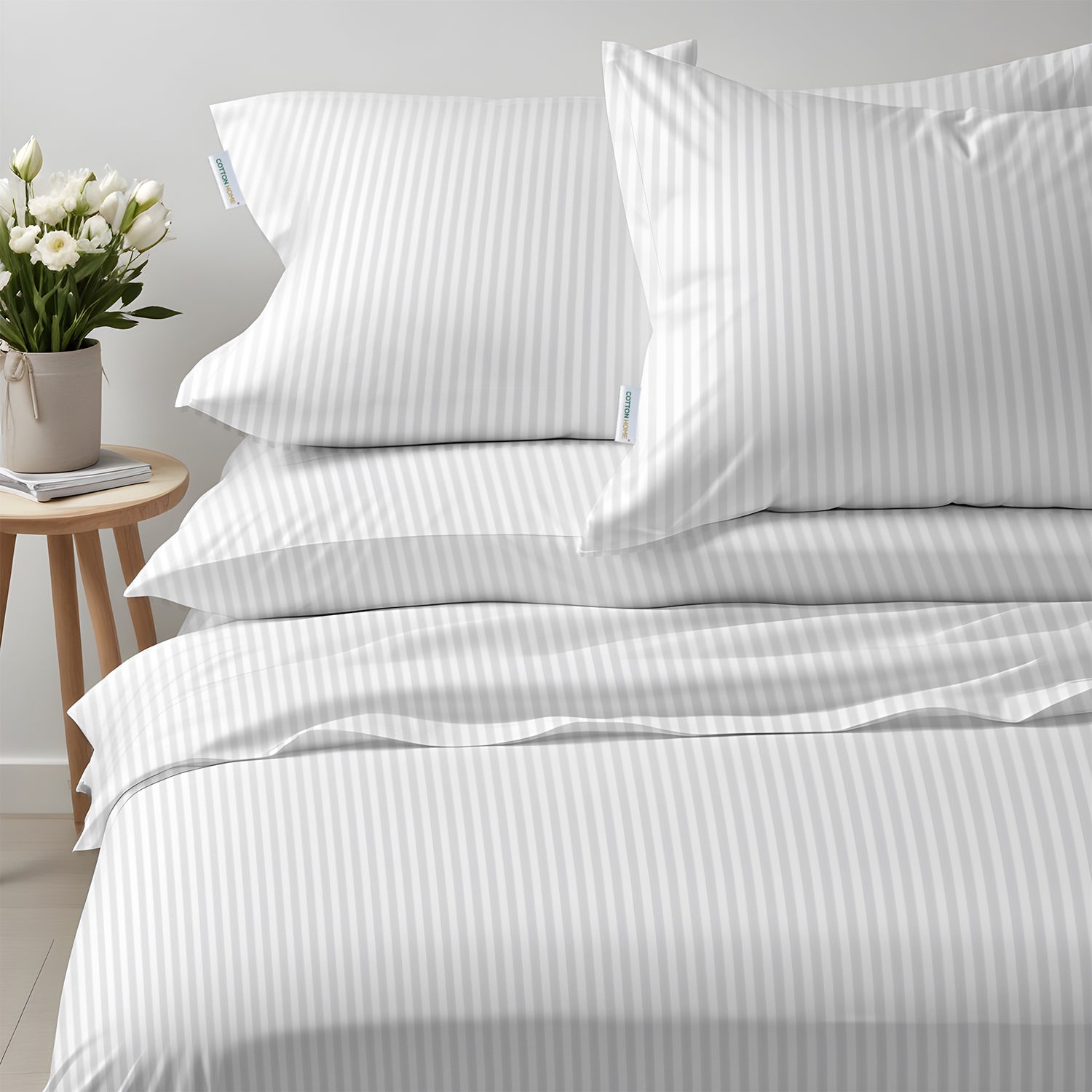 6 Piece Duvet Cover Set 220x240cm Queen - White Stripe - Cotton Home