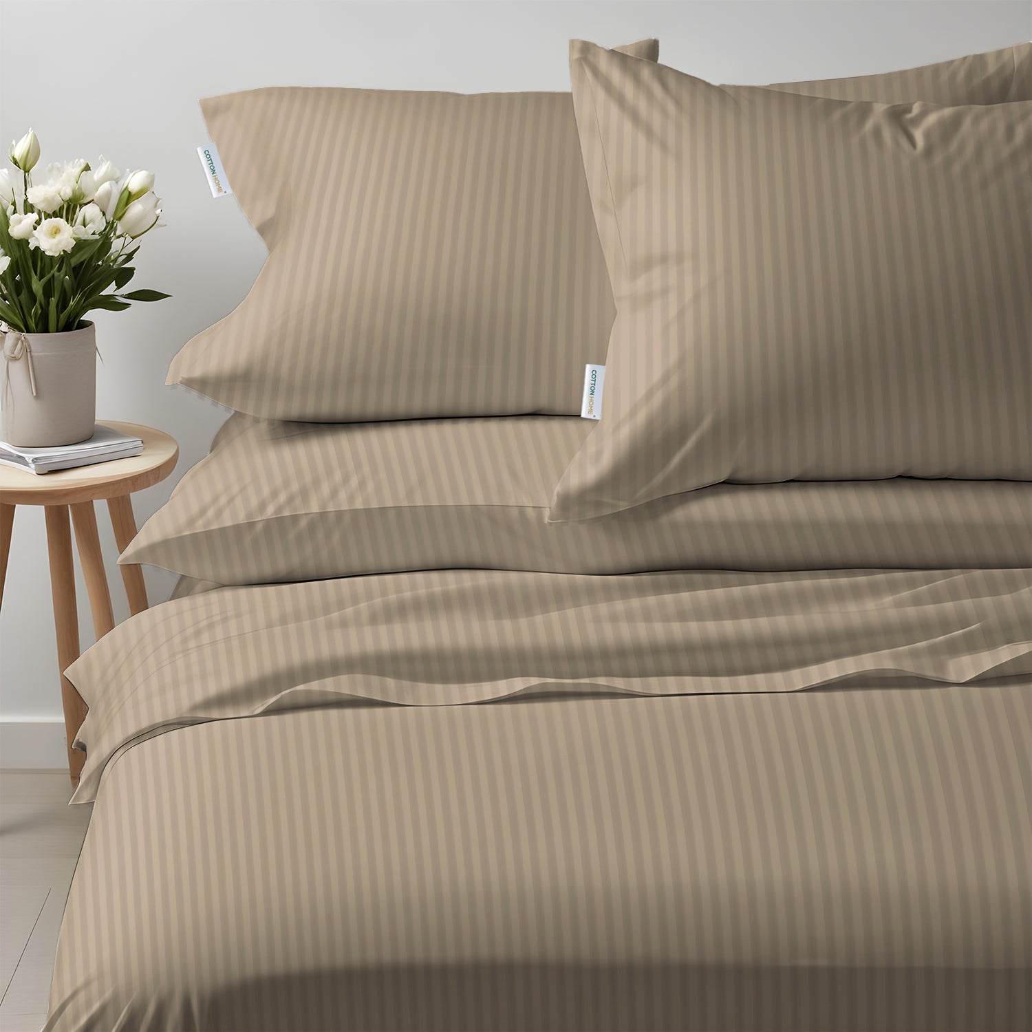 6 Piece Duvet Cover Set 220x240cm Queen - Light Brown Stripe - Cotton Home