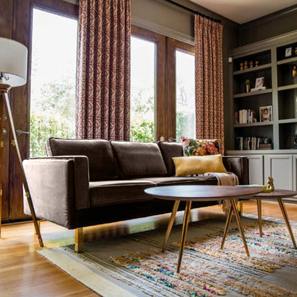 Nebula Brown Velvet 3-Seater Sofa with Square Arms - Luxury Living Room Seating, L220cm x W86cm x H81cm - Cotton Home