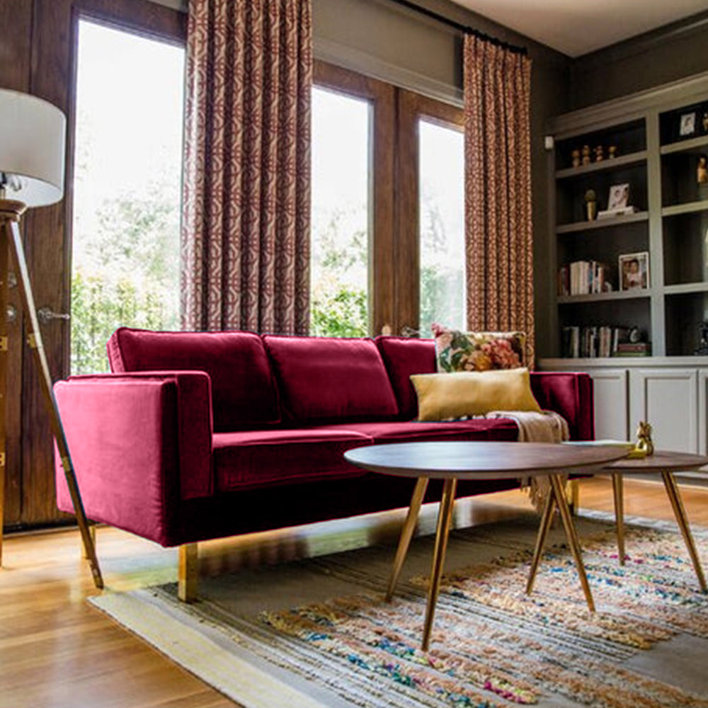 Nebula Maroon Velvet 3-Seater Sofa with Square Arms - Luxury Living Room Seating, L220cm x W86cm x H81cm - Cotton Home