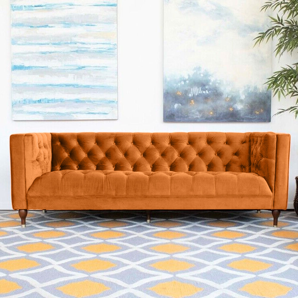 Ector 3-Seater Velvet Tuxedo Arm Sofa - Luxurious Rust Upholstery L220cm x H86cm x W78cm - Cotton Home