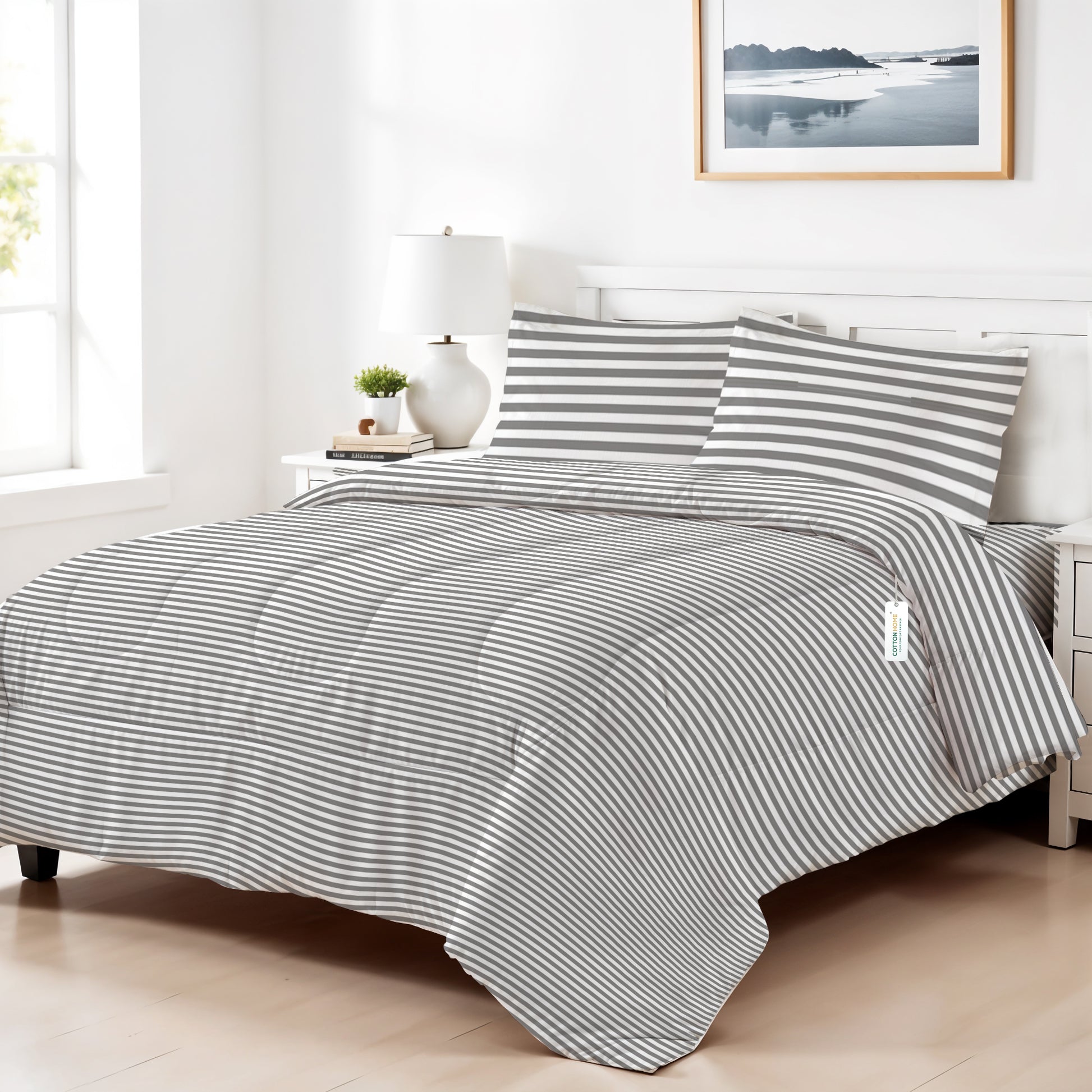 Premium Cotton 4PC Bedding Set Kids Comforter Set 160x220cm Grey Stripe