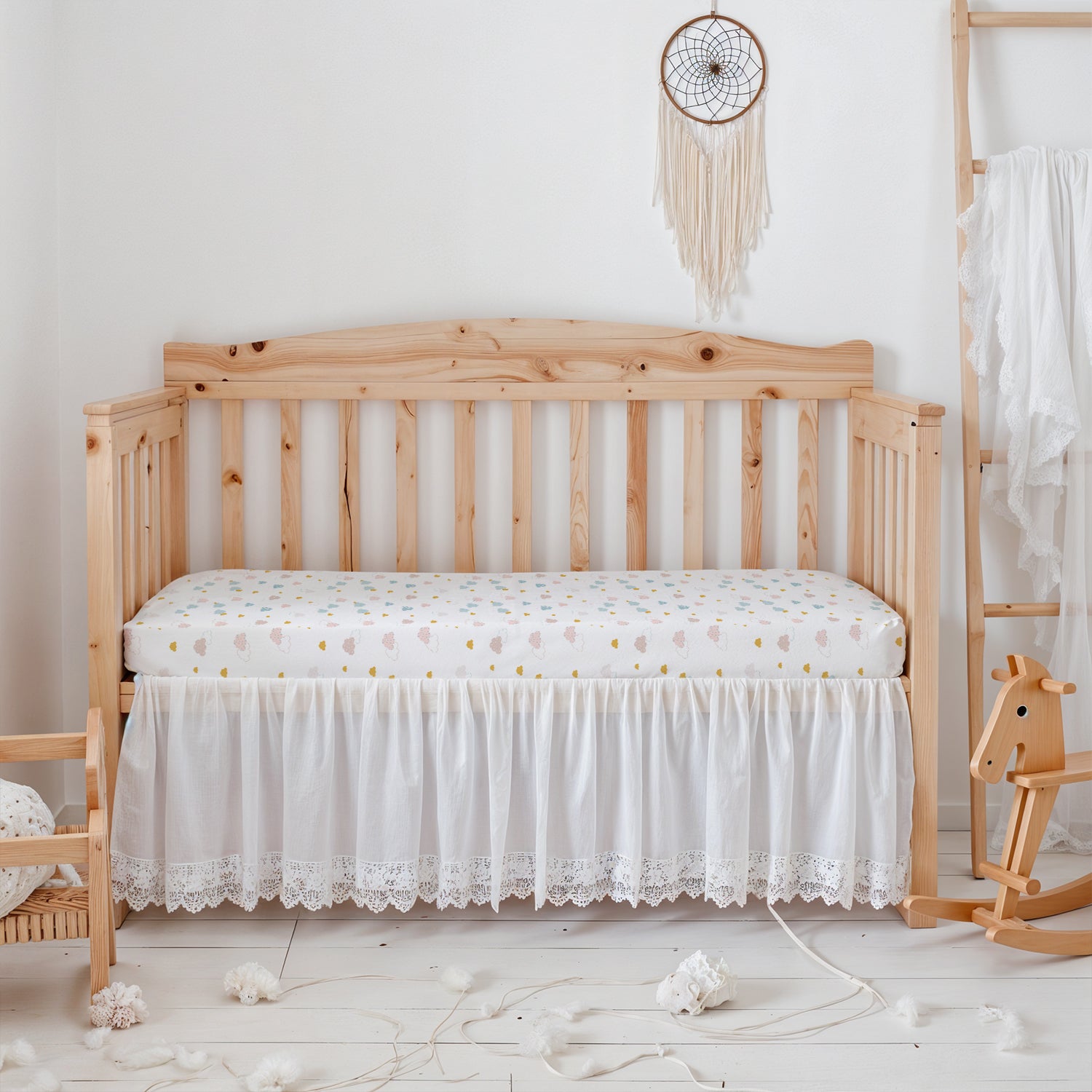 Premium Cotton 3-Piece Baby Crib Bedding Set (120x60 cm) Fitted Baby Mattress Sheets and Protector Pastel Clouds