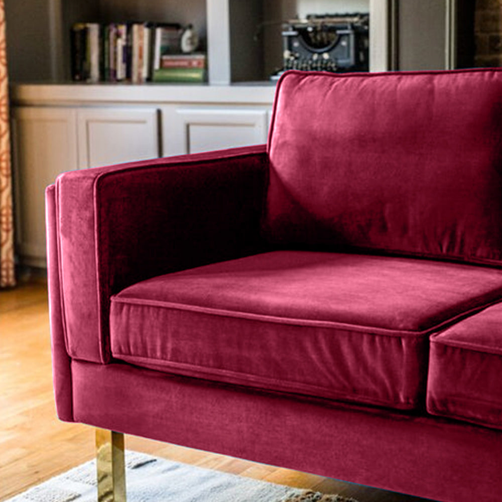 Nebula Maroon Velvet 3-Seater Sofa with Square Arms - Luxury Living Room Seating, L220cm x W86cm x H81cm - Cotton Home