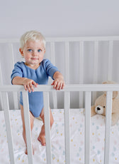 Premium Cotton 3-Piece Baby Crib Bedding Set (120x60 cm) Fitted Baby Mattress Sheets and Protector Pastel Clouds