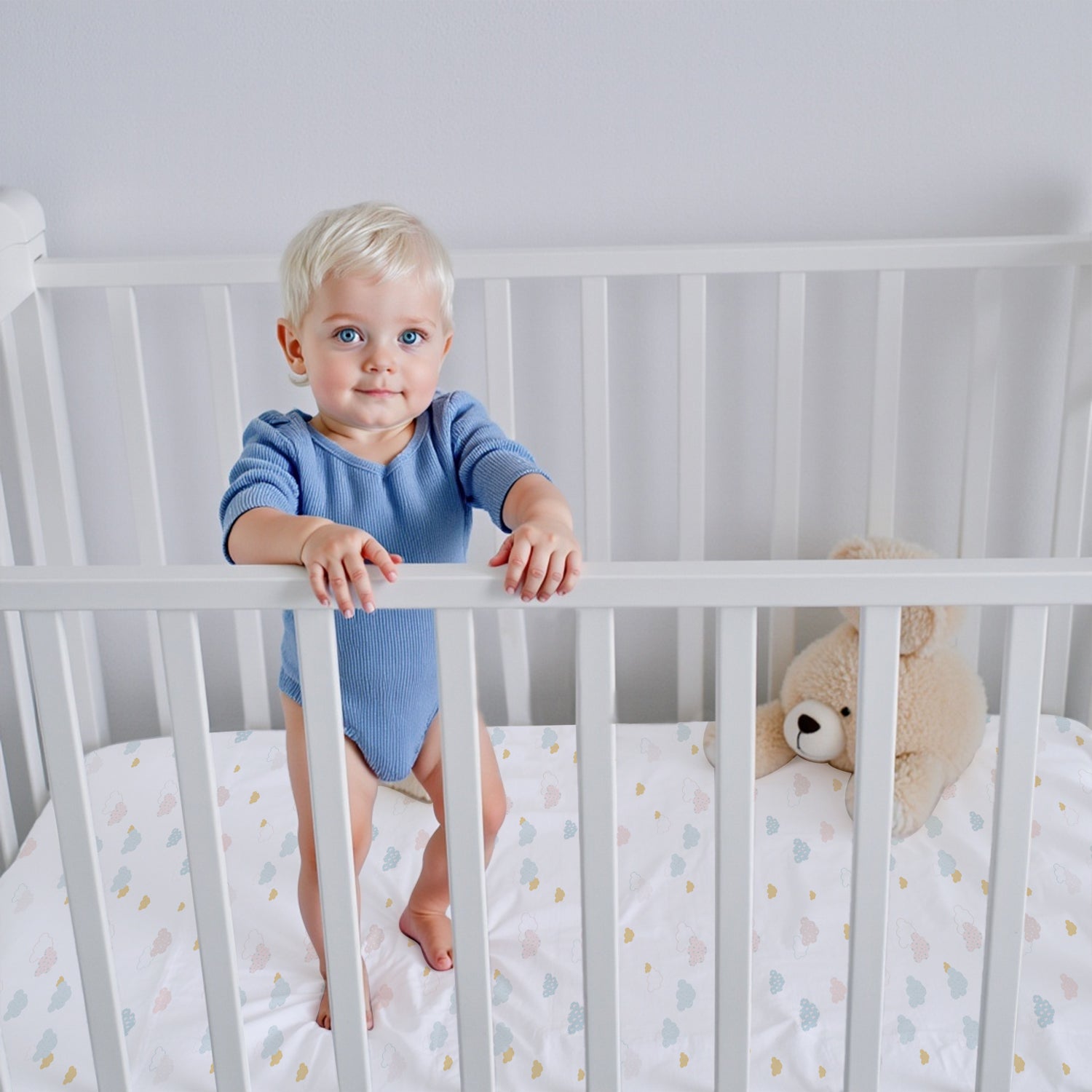 Premium Cotton 2PC Crib Sheets (120x60 cm) Soft, Breathable, Fitted Baby Mattress Sheets Pastel Clouds