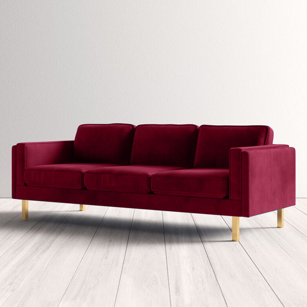 Nebula Maroon Velvet 3-Seater Sofa with Square Arms - Luxury Living Room Seating, L220cm x W86cm x H81cm - Cotton Home