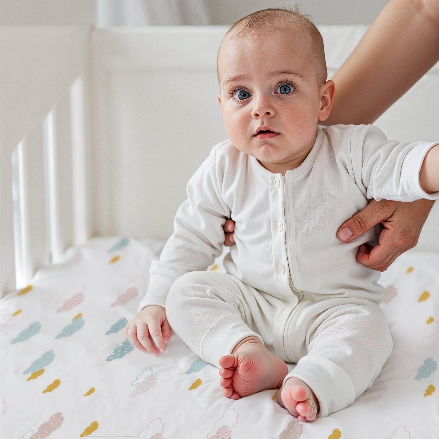 Premium Cotton 2PC Crib Sheets (120x60 cm) Soft, Breathable, Fitted Baby Mattress Sheets Pastel Clouds