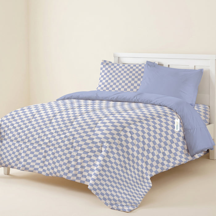 Premium Cotton 4PC Bedding Set Kids Comforter Set 160x220cm Blue Blocks