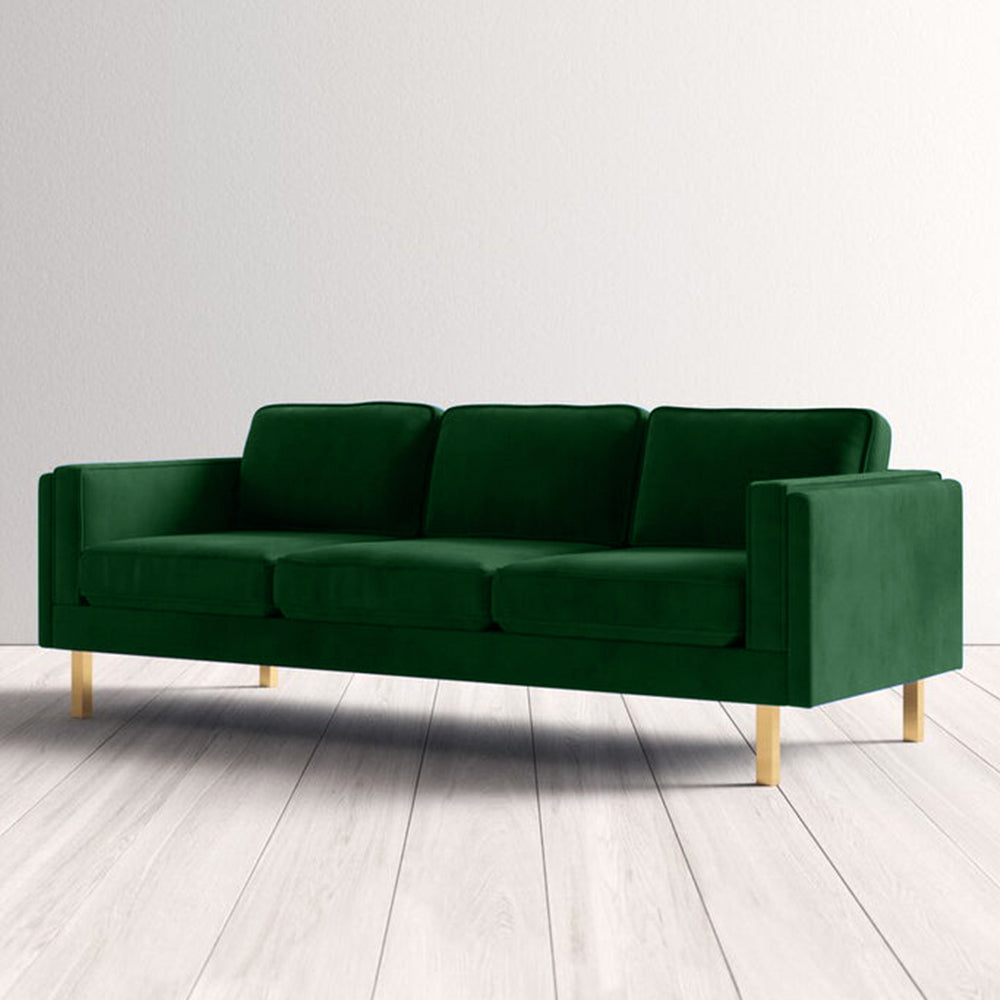 Nebula Green Velvet 3-Seater Sofa with Square Arms - Luxury Living Room Seating, L220cm x W86cm x H81cm - Cotton Home