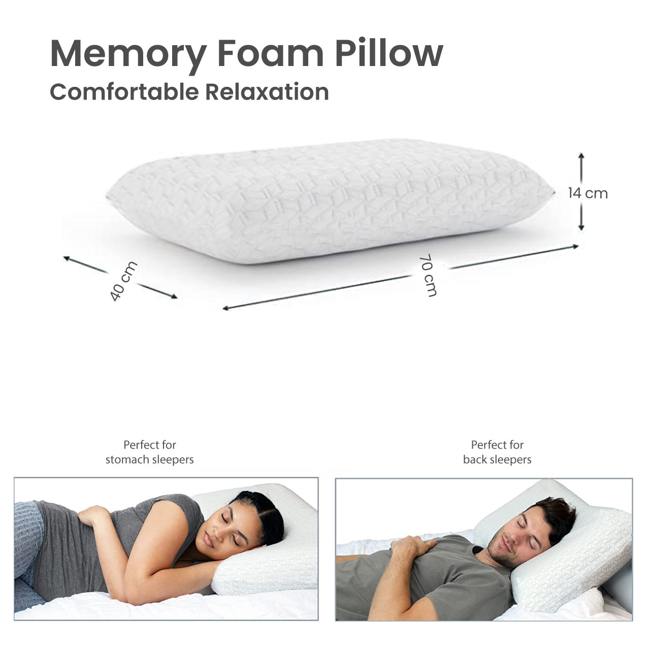 King Breathable Memory Foam Pillow 40x70X13cm - White - Cotton Home