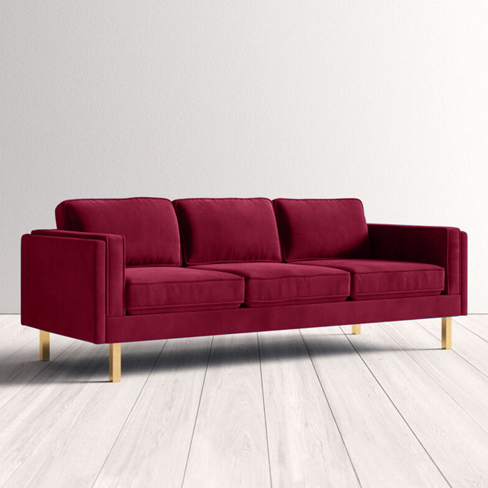 Nebula Maroon Velvet 3-Seater Sofa with Square Arms - Luxury Living Room Seating, L220cm x W86cm x H81cm - Cotton Home