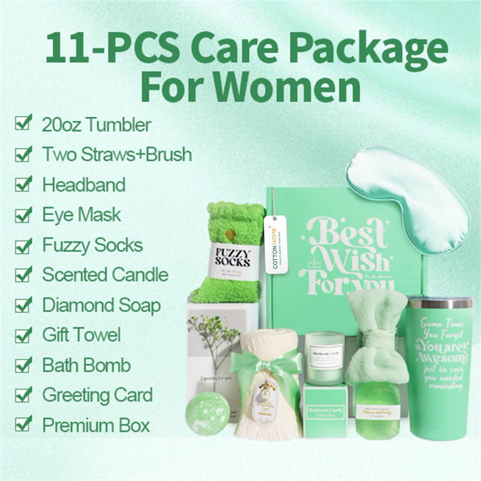 Bath Gift Box Set – Luxe Green Spa Care Package with 10 Relaxing Self-Care Items for Women, Mom, Wife, Sister, Friends
