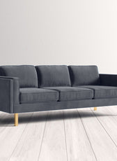 Nebula Grey Velvet 3-Seater Sofa with Square Arms - Luxury Living Room Seating, L220cm x W86cm x H81cm - Cotton Home