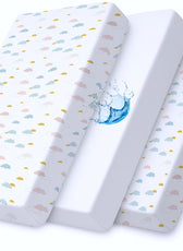 Premium Cotton 3-Piece Baby Crib Bedding Set (120x60 cm) Fitted Baby Mattress Sheets and Protector Pastel Clouds