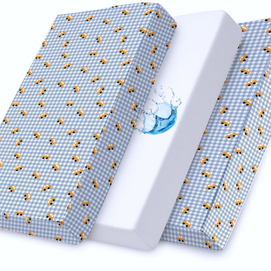 Premium Cotton 3-Piece Baby Crib Bedding Set (120x60 cm) Fitted Baby Mattress Sheets and Protector Little Cars