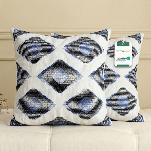 Embroidered Cotton Decorative Throw Pillows Pack of 2 - 45x45 cm Blue Rhombus
