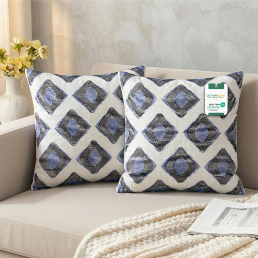 Embroidered Cotton Decorative Throw Pillows Pack of 2 - 45x45 cm Blue Rhombus