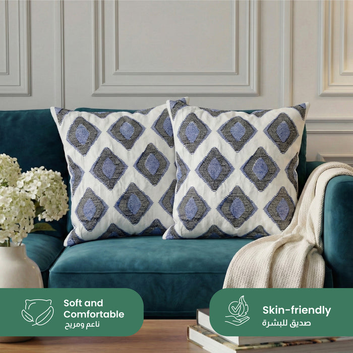 Embroidered Cotton Decorative Throw Pillows Pack of 2 - 45x45 cm Blue Rhombus