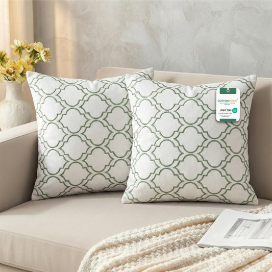 Embroidered Cotton Decorative Throw Pillows Pack of 2 - 45x45 cm Green Modern Quatrefoil