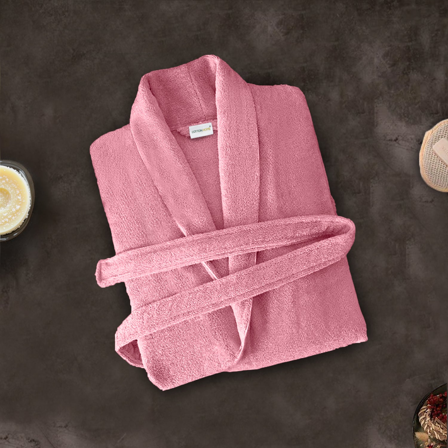 Premium Cotton Rose Pink Terry Bathrobe with Pockets Suitable for Men and Women, Soft & Warm Terry Home Bathrobe, Sleepwear Loungewear, One Size Fits All - Cotton Home