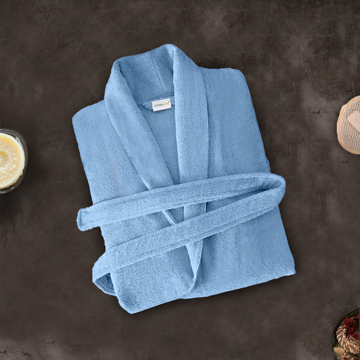 Premium Cotton Sky Blue Terry Bathrobe with Pockets Suitable for Men and Women, Soft & Warm Terry Home Bathrobe, Sleepwear Loungewear, One Size Fits All - Cotton Home