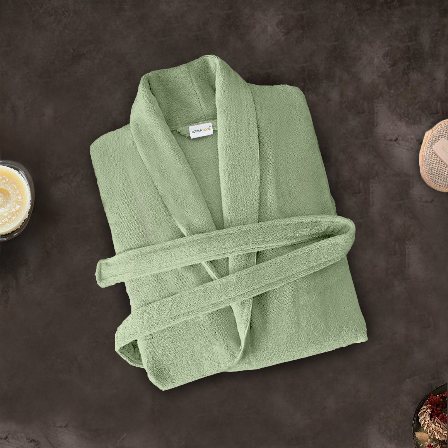 Premium Cotton Mint Green Terry Bathrobe with Pockets Suitable for Men and Women, Soft & Warm Terry Home Bathrobe, Sleepwear Loungewear, One Size Fits All - Cotton Home